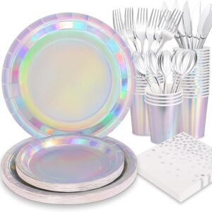 175Pcs Iridescent Party Decorations-Silver party Plates and Cups and Napkins Sets
