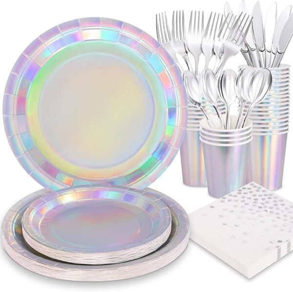 175Pcs Iridescent Party Decorations-Silver party Plates and Cups and Napkins Sets