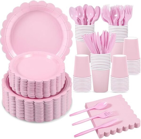 350 Pcs Pink Paper Plates and Napkins, 50 Guest