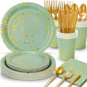 Whaline 175Pcs Sage Green Plates Cups and Napkins,Serve 25 Guests