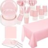 TWOWYHI 229PCS Pink Party Supplies Paper Disposable Plates, 30 Guests