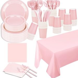 TWOWYHI 229PCS Pink Party Supplies Paper Disposable Plates, 30 Guests