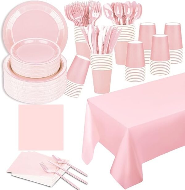 TWOWYHI 229PCS Pink Party Supplies Paper Disposable Plates, 30 Guests