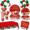 Christmas Plates Disposable Party Set, 189pcs Christmas Tableware, Serve 24, Red