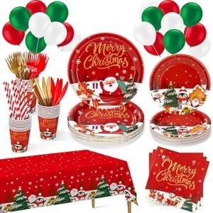Christmas Plates Disposable Party Set, 189pcs Christmas Tableware, Serve 24, Red