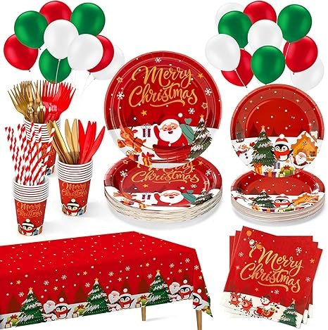 Christmas Plates Disposable Party Set, 189pcs Christmas Tableware, Serve 24, Red