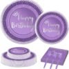 96 Pieces Purple and Silver Birthday Plates and Napkins Party Tableware Set, 24 Guests