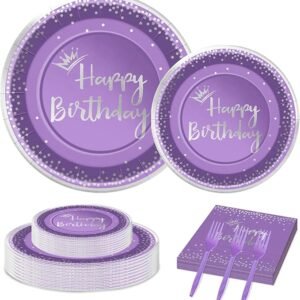 96 Pieces Purple and Silver Birthday Plates and Napkins Party Tableware Set, 24 Guests
