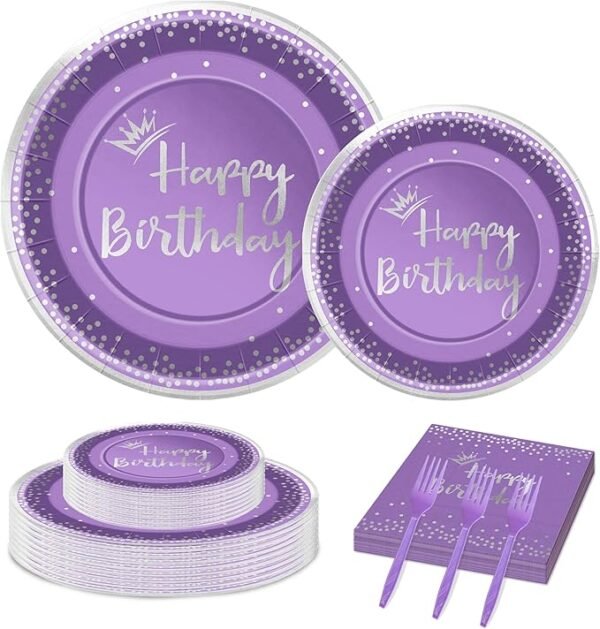 96 Pieces Purple and Silver Birthday Plates and Napkins Party Tableware Set, 24 Guests