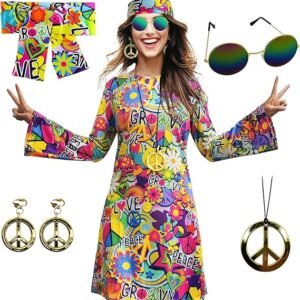 70s Hippie Dress Costumes Necklace Earrings Sunglass