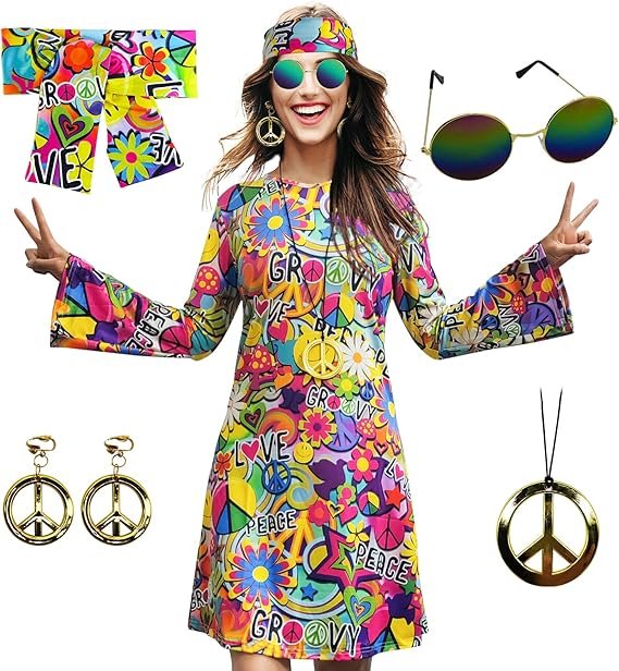 70s Hippie Dress Costumes Necklace Earrings Sunglass