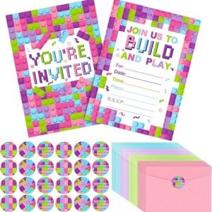 Colarr 24 Set Girls Pink Building Blocks Birthday Party Invitations