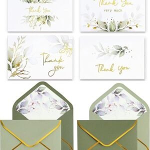 Winoo Design 100 PK Luxurious Gold Thank You Cards with Envelopes Bulk Sage Green - 5x3.5 Inches