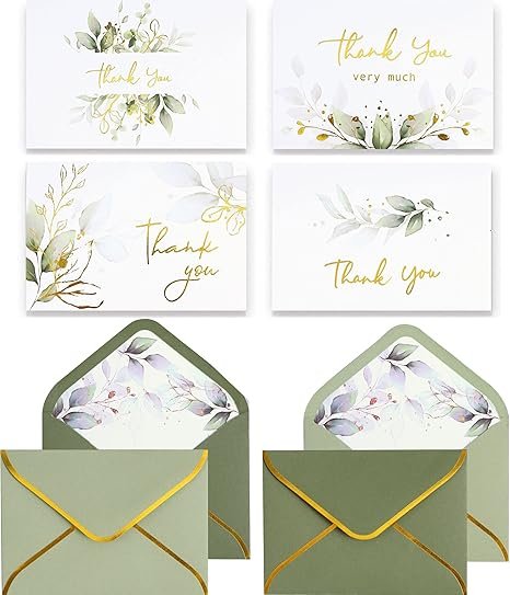 Winoo Design 100 PK Luxurious Gold Thank You Cards with Envelopes Bulk Sage Green - 5x3.5 Inches