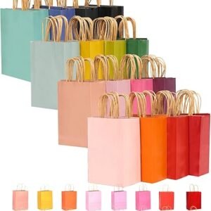 qiqee 60-Packs Paper Bags with Handles Bulk 8.26"×6"×3.15" Small Gift Bags 16 Different Senior Color Bags