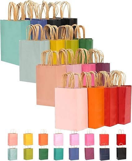 qiqee 60-Packs Paper Bags with Handles Bulk 8.26"×6"×3.15" Small Gift Bags 16 Different Senior Color Bags