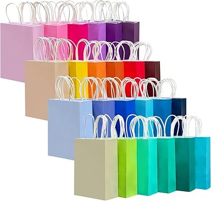 qiqee 48PCS Small Gift Bag with Handles Bulk 24 Colors Paper Party Bags 8.3"x6"x3"