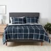 Amazon Basics Full/Queen Comforter Set with Sheets, 5-Piece Navy with Grey Plaid Bedding