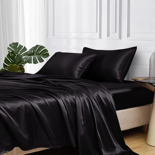 MR&HM Satin Bed Sheets, Queen Size Sheets Set, 4 Pcs Silky Bedding Set with 15 Inches