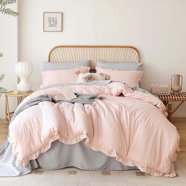 JANZAA Queen Size Comforter Blush Pink Comforter Set Set 3PCS (1 Ruffled Blush Comforter and 2 Pillow Cases)