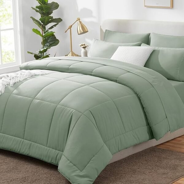 CozyLux Sage Green Comforter Set Queen 7 Pieces Bed in a Bag Sage Green Comforter Queen Size Comforters Bedding Sets