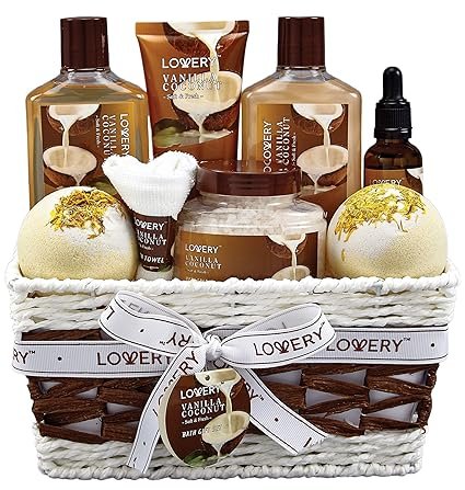 Bath and Body Gift Basket For Women and Men – 9 Piece Set of Vanilla Coconut Home Spa Set