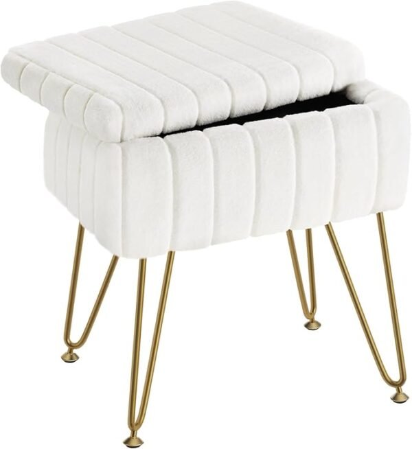 Greenstell Vanity Stool Chair Faux Fur with Storage, 15.7"L x 11.8"W x 19.4"H Soft Ottoman 4 Metal Legs