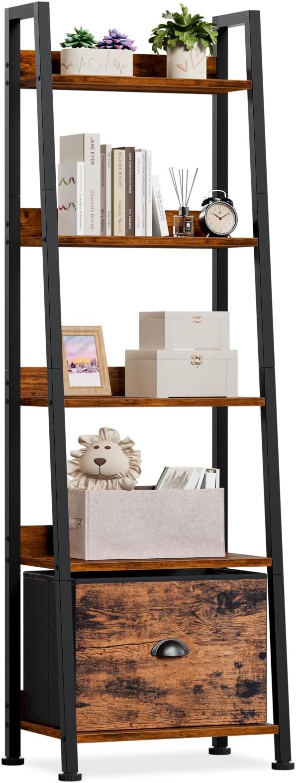 Furologee 5-Tier Ladder Shelf, Ladder Bookshelf with Removable Drawer, Rustic Bookcase Storage Rack Organizer