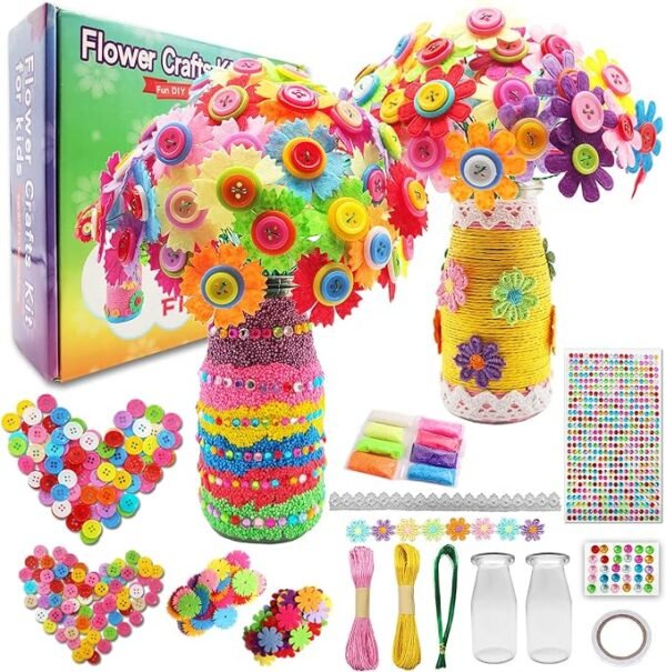 7july Crafts for Girls Ages 6-10 Make Your Own Flower Bouquet with Buttons and Felt Flowers, Vase Art and Craft for Children - DIY Activity Christmas Birthday Gift for Girls