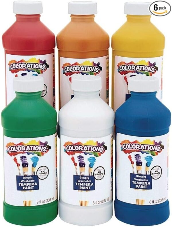 Colorations Washable Tempera Paint, Set of 6 Colors, 8oz Each, Non Toxic Paint