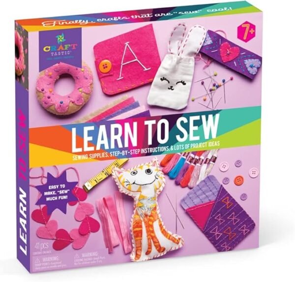 Craft-tastic Learn to Sew Kit – 7 Fun Projects and Reusable Materials to Teach Basic Sewing Stitches