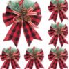 JOHOUSE 6PCS Christmas Red Buffalo Plaid Bows, 6 x 5 Inch Decorative Christmas Bows