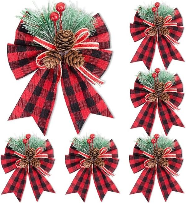 JOHOUSE 6PCS Christmas Red Buffalo Plaid Bows, 6 x 5 Inch Decorative Christmas Bows