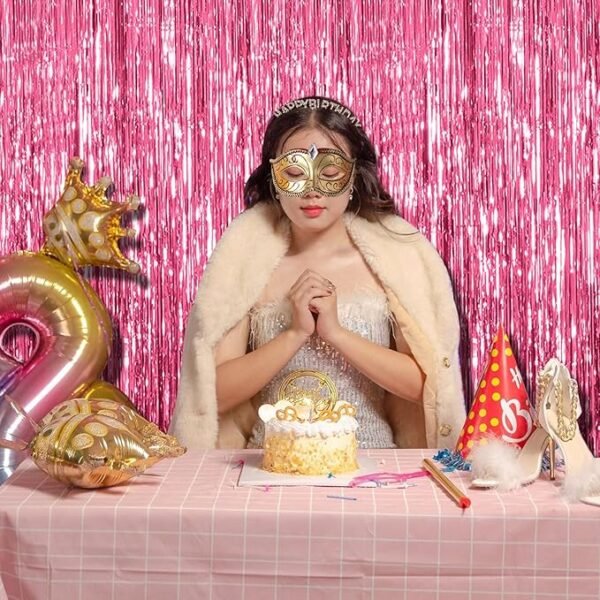 BOMSI 2 Pack Pink Backdrop Party Decorations Tinsel Curtain