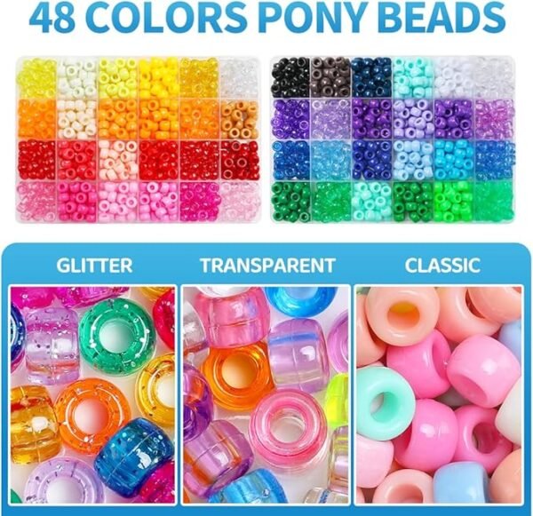 Pony Beads, 48 Colors Bracelet Making Kit, 6x9mm Beads for Bracelets with Elastic Strings
