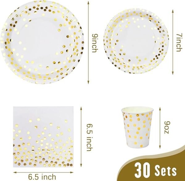 Lzerking 210 Pieces of White and Gold Dot Paper Plates, Cups, Napkins, and Heavy Duty Silverware