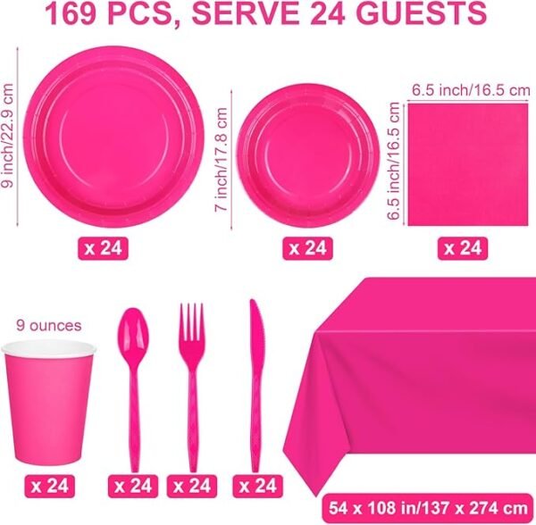 Kochorie 169 Pieces Hot Pink Party Supplies Disposable Dinnerware Set,Serve 24 Guests