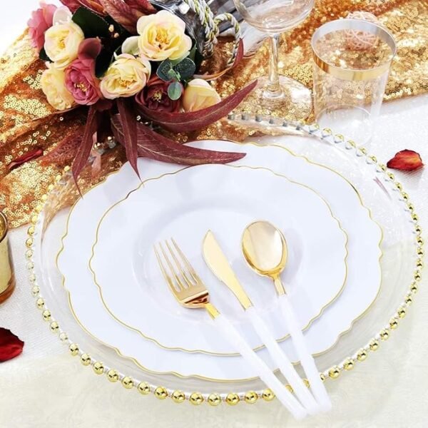 WDF 100pcs Gold Plastic Plates,50Plastic Dinner Plates 10.25inch, 50Salad Plates 7.5inch