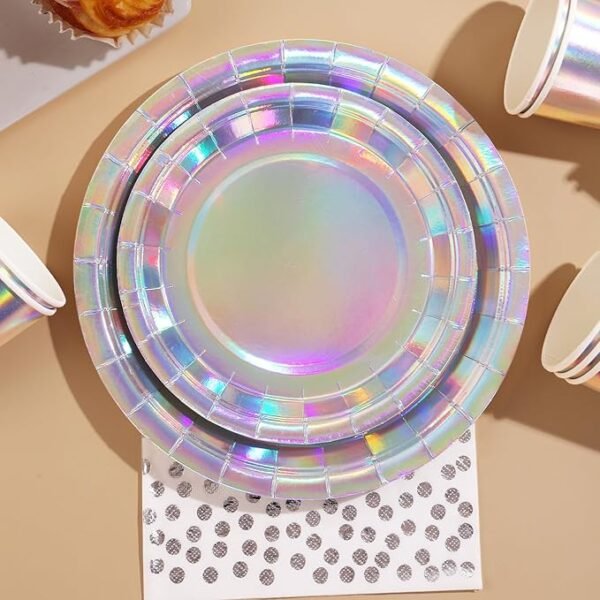 175Pcs Iridescent Party Decorations-Silver party Plates and Cups and Napkins Sets