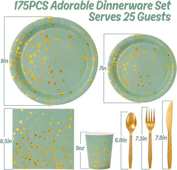 Whaline 175Pcs Sage Green Plates Cups and Napkins,Serve 25 Guests