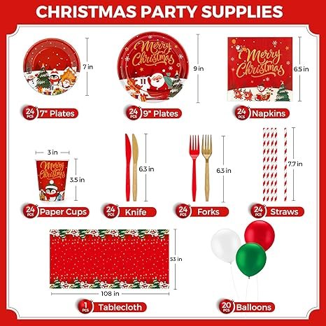 Christmas Plates Disposable Party Set, 189pcs Christmas Tableware, Serve 24, Red