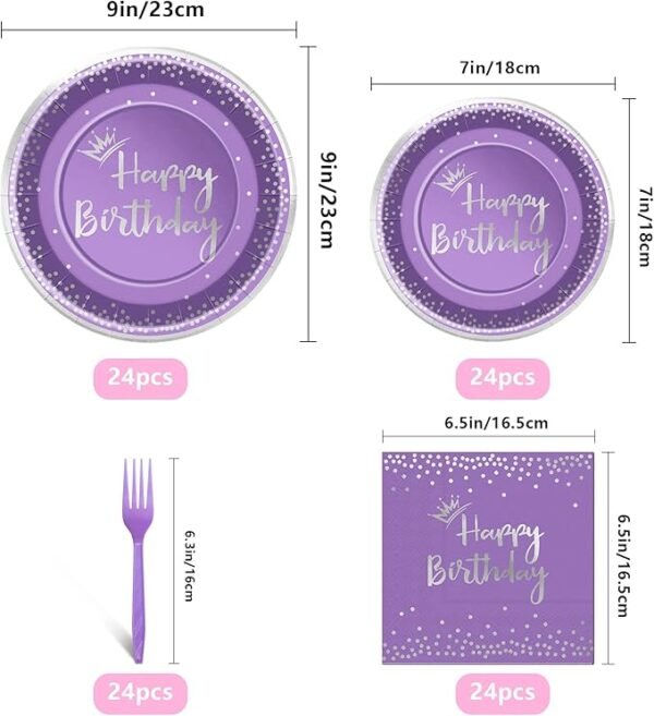 96 Pieces Purple and Silver Birthday Plates and Napkins Party Tableware Set, 24 Guests