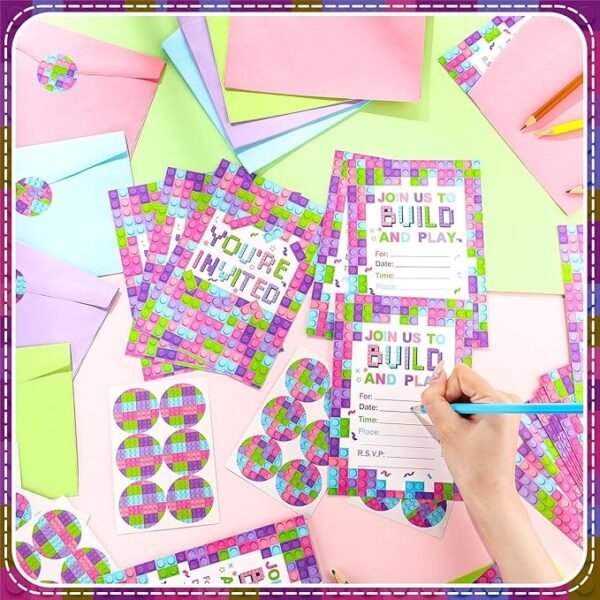 Colarr 24 Set Girls Pink Building Blocks Birthday Party Invitations