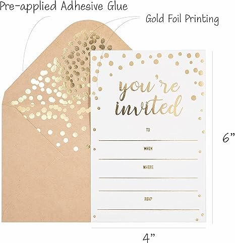 50 Pack Invitation Card - Elegant Greeting Cards ‘’You are Invited’’ in Gold Foil Letters
