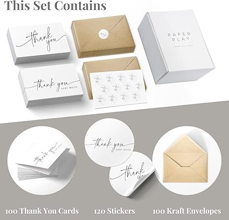 Thank You Cards with Kraft Envelopes and Matching Stickers, Bulk Pack of 100, 4x6 Inch Minimalistic Design