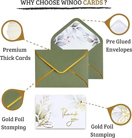 Winoo Design 100 PK Luxurious Gold Thank You Cards with Envelopes Bulk Sage Green - 5x3.5 Inches