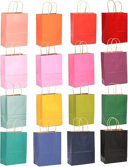 qiqee 60-Packs Paper Bags with Handles Bulk 8.26"×6"×3.15" Small Gift Bags 16 Different Senior Color Bags