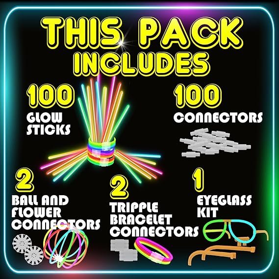 PartySticks Bulk Party Supplies 205 Piece Glow in The Dark 100 Glow Sticks with Eye Glasses