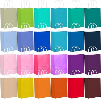 qiqee 48PCS Small Gift Bag with Handles Bulk 24 Colors Paper Party Bags 8.3"x6"x3"