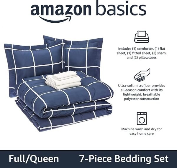 Amazon Basics Full/Queen Comforter Set with Sheets, 5-Piece Navy with Grey Plaid Bedding